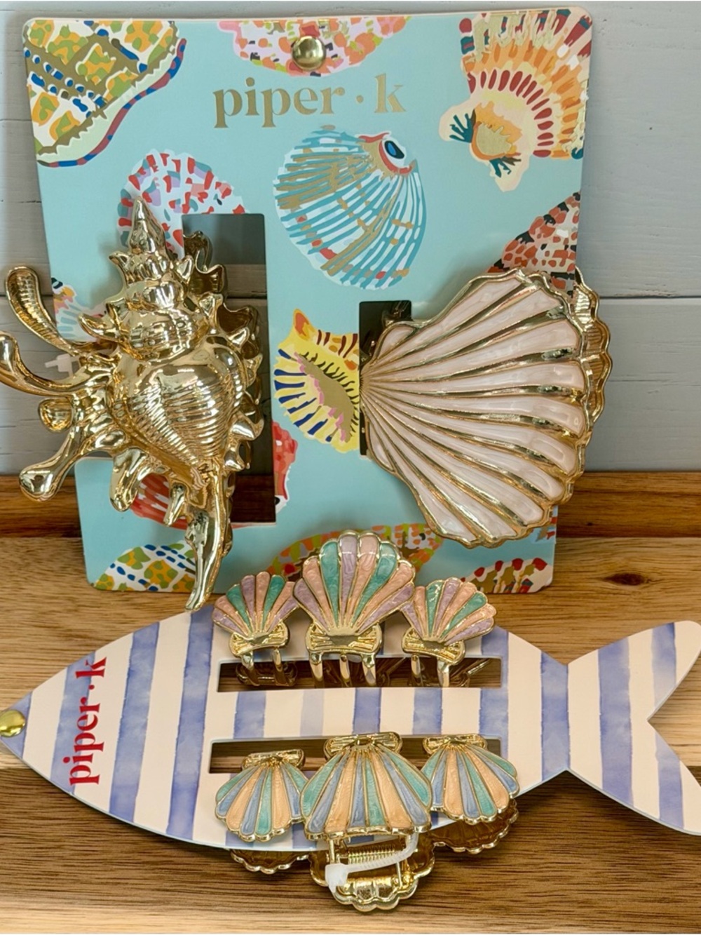 Piper K Metal Seashell Hair Clip Set 4 Large Claw Gold Tone Multicolored Mermaid